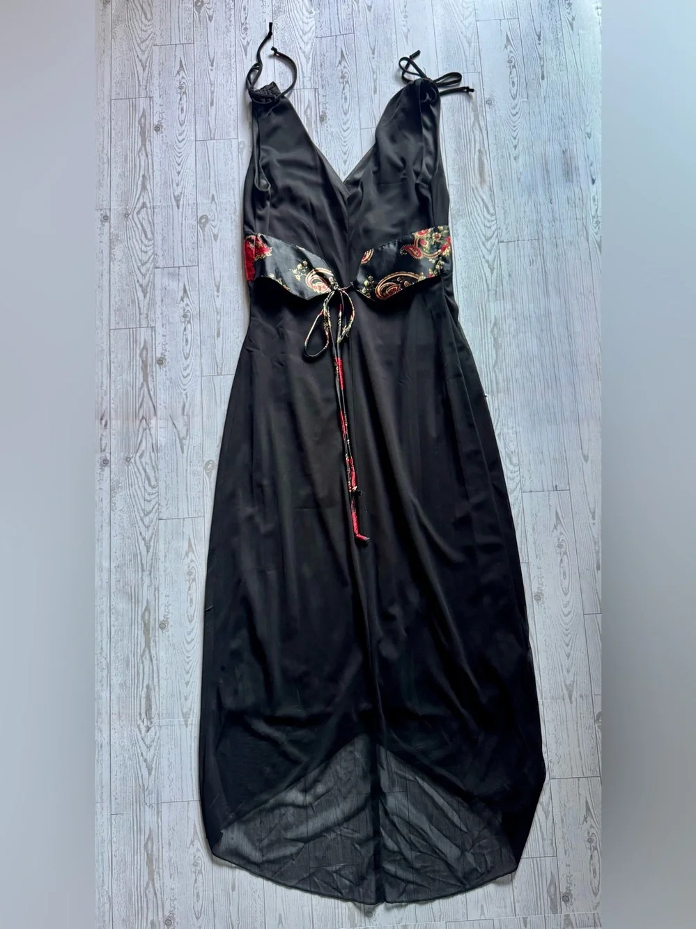 Black High-Low Dress w/ Floral & Black Sash, Conched Shoulder Ties - Size Medium - Picture 5 of 11